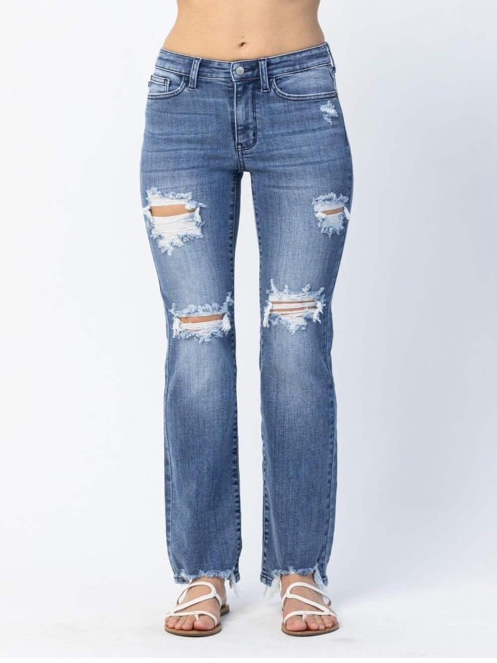 Judy Blue Medium Blue Distressed Straight Leg Jeans Size 7/28 Straight Fit